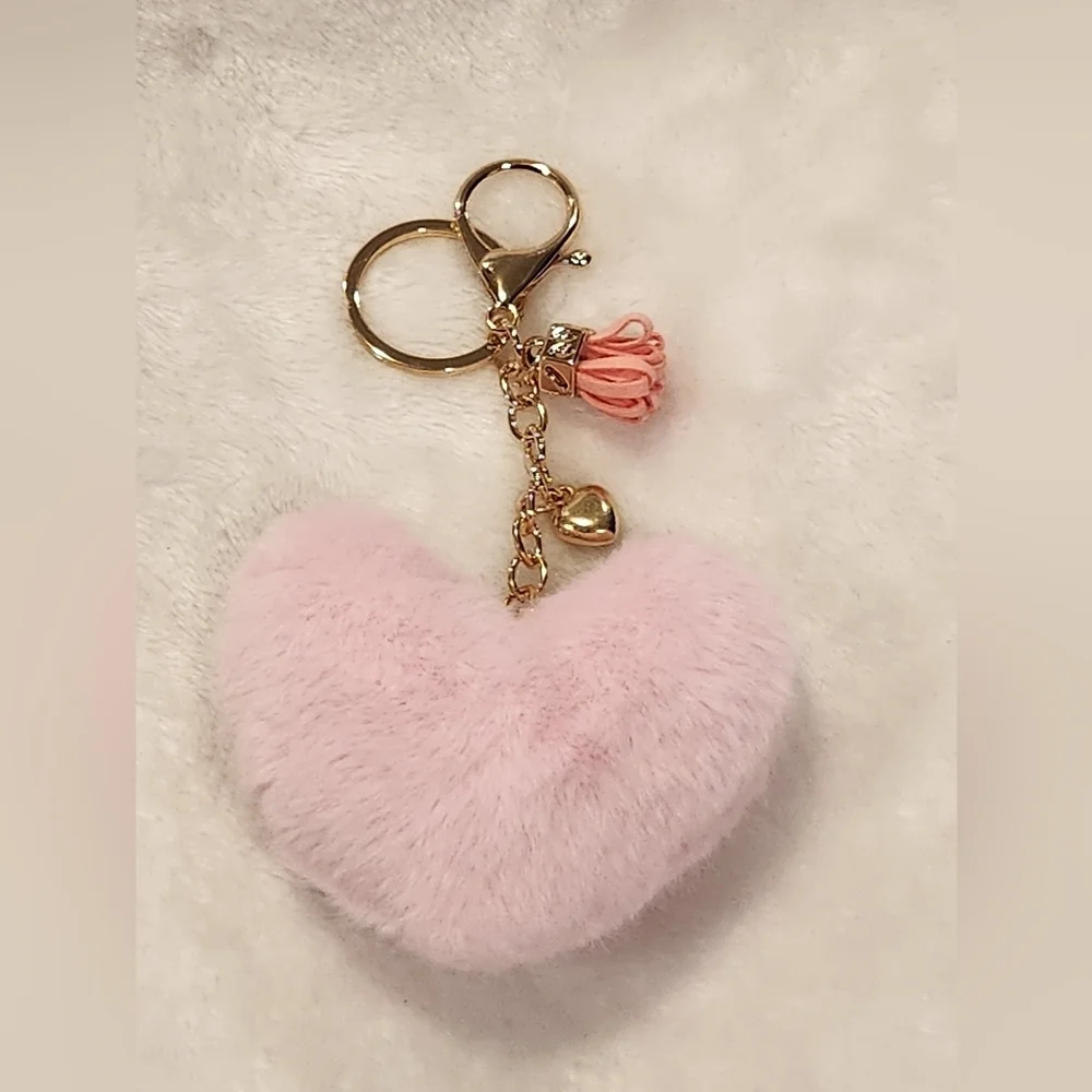 Pink Heart-Shaped Fluffy Keychain with Gold Accents Bag Charm